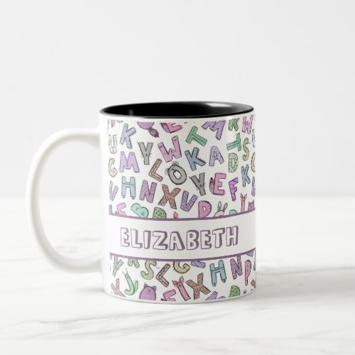 Whimsical doodle alphabet letters Two_Tone coffee mug