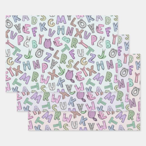 Whimsical doodle alphabet letters wrapping paper sheets