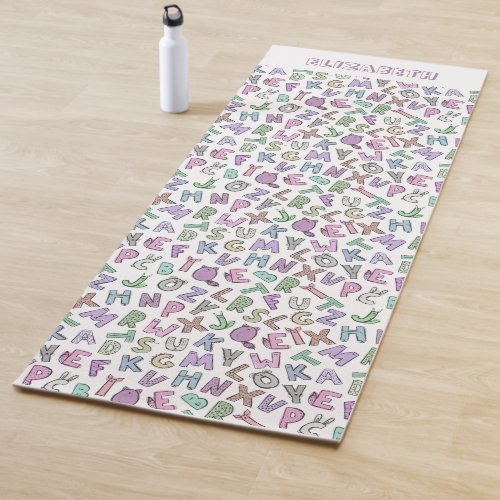 Whimsical doodle alphabet letters yoga mat