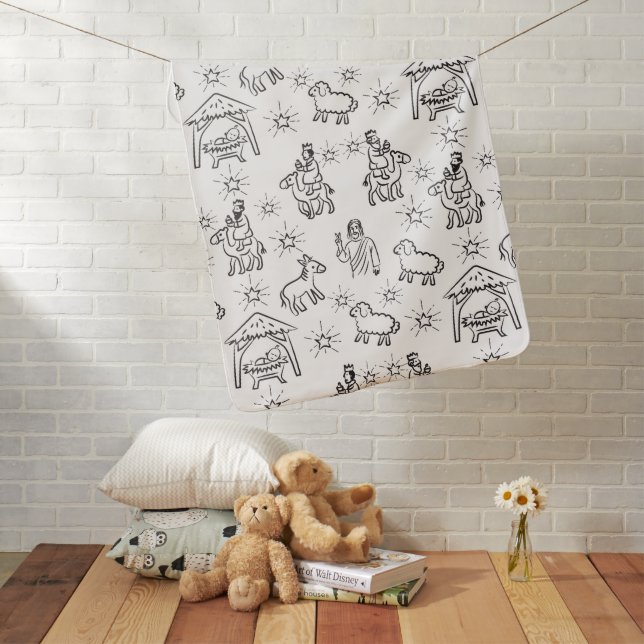 Whimsical Doodle Baby Jesus Manger Scene Baby Blanket (In Situ)