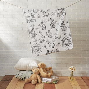 Whimsical Doodle Baby Jesus Manger Scene Blanket
