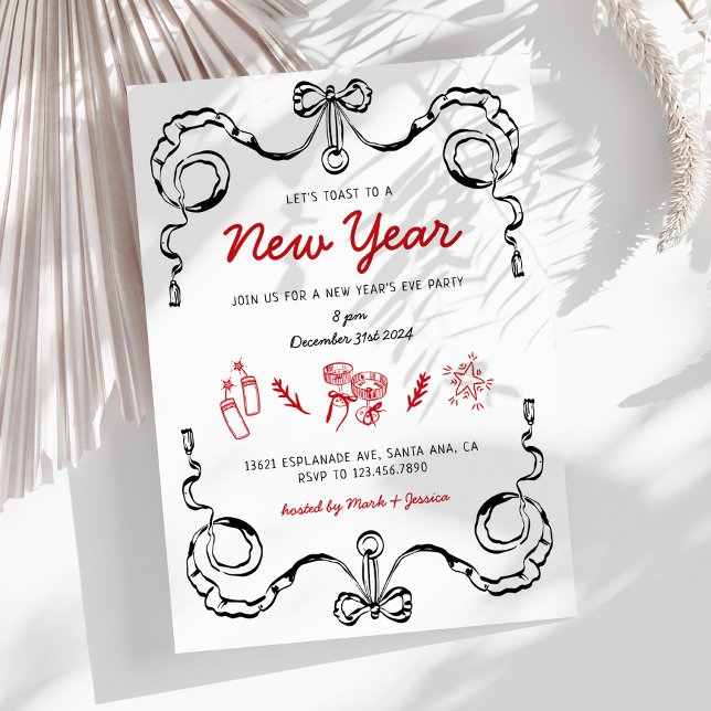 Whimsical Doodle Black and Red New Year Party Invitation (Creator Uploaded)