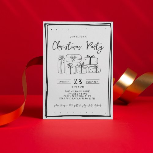 Whimsical Doodle Black and White Christmas Party Invitation