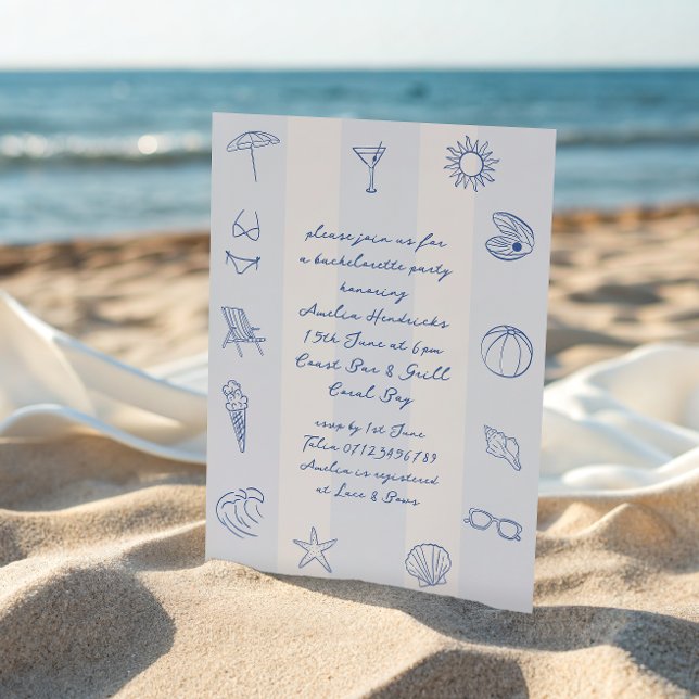Whimsical Doodle Blue Beach Bachelorette Invitation (Creator Uploaded)