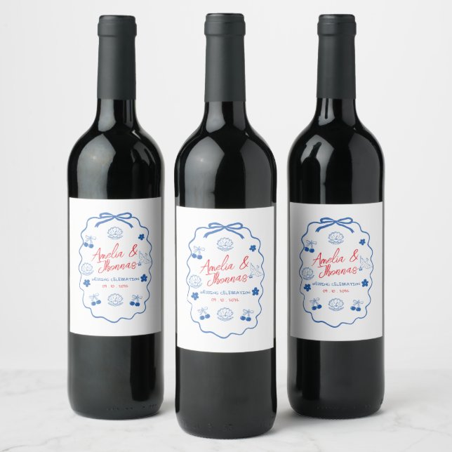 Whimsical Doodle blue Red Scribble wedding  Wine Label (Bottles)