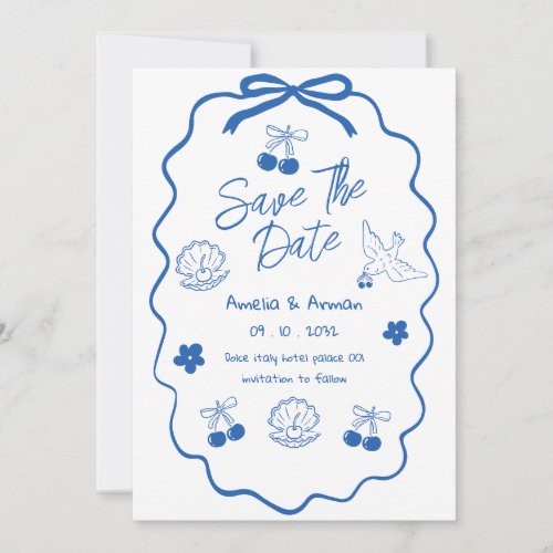 Whimsical Doodle blue Scribble save the date Invitation