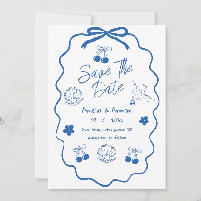 Whimsical Doodle blue Scribble save the date Invitation (Front)