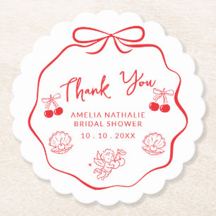 Whimsical Doodle bow bridal shower thank you Paper Coaster