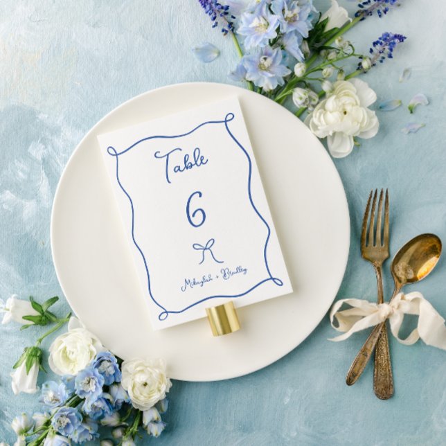Whimsical Doodle Bow & Ribbons French Blue Wedding Table Number (Creator Uploaded)