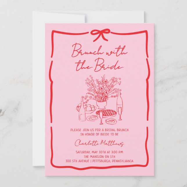 Whimsical Doodle Brunch with the Bride Red Pink  Invitation (Front)
