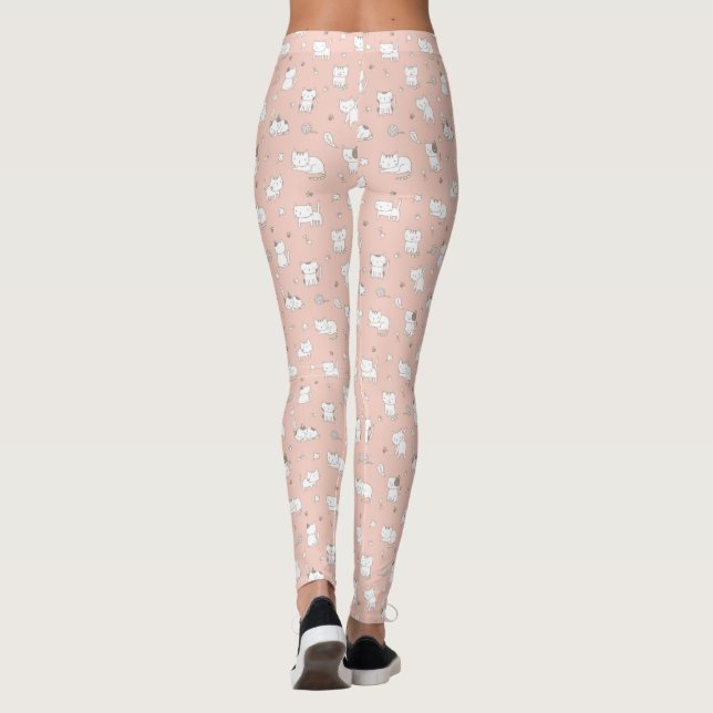 Whimsical Doodle Cats on Pink Leggings (Back)