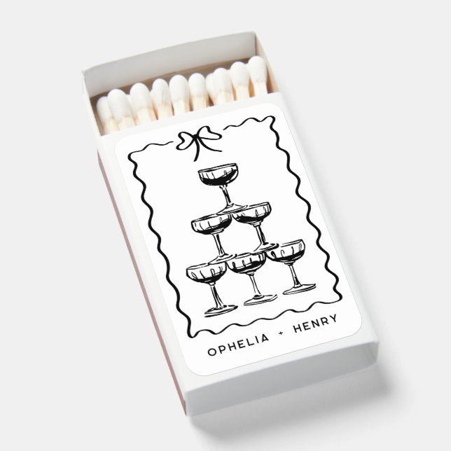 Whimsical Doodle Champagne Tower Wedding Favor  Matchboxes (Front Open)
