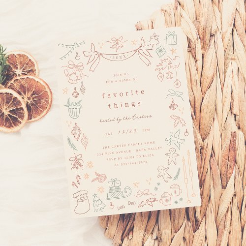 Whimsical Doodle Favorite Things Christmas Party Invitation