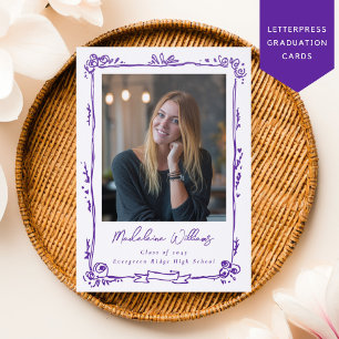 Whimsical Doodle Frame Script Name Graduation Letterpress Photo Cards