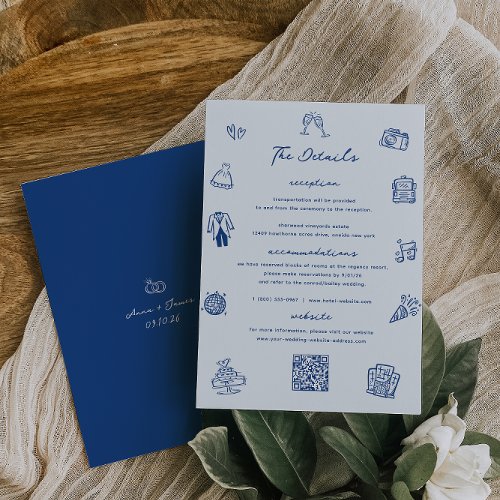 Whimsical Doodle French Blue Wedding Details Card