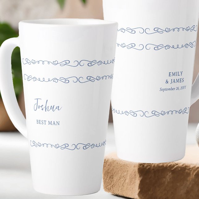 Whimsical Doodle French Blue Wedding Party Latte Mug (Best Man latte mug - customize to any color or for anyone in your wedding party)