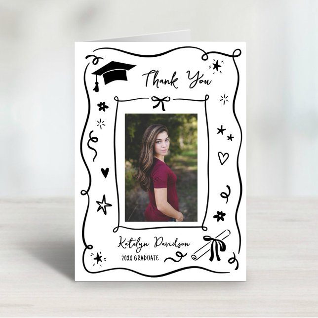 Whimsical Doodle Graduation Photo Frame Letterpress Thank You Card (Creator Uploaded)