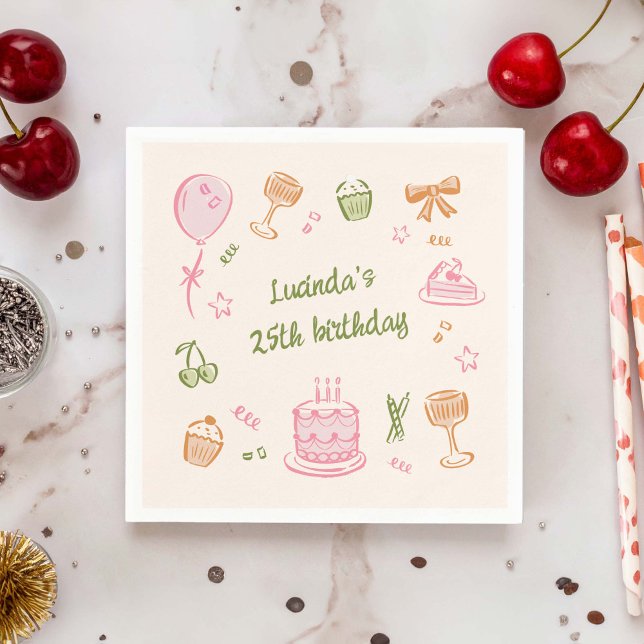 Whimsical Doodle Hand Drawn Birthday Party Napkins (colourful, whimsical, hand-drawn birthday icon doodles paper napkin)