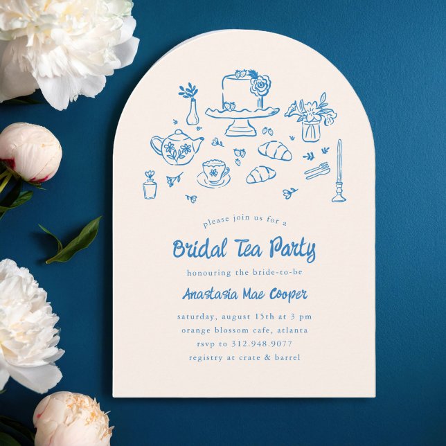 Whimsical Doodle Hand Drawn Bridal Tea Party Invitation (charming bridal tea party invitation with hand-drawn illustrations of cake, tea pot, tea cups, etc.)