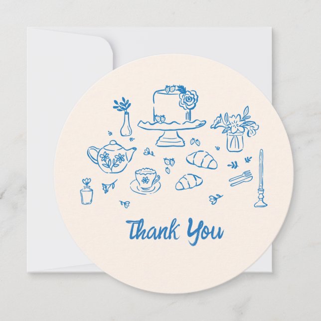 Whimsical Doodle Hand Drawn Bridal Tea Shower Thank You Card (Front)