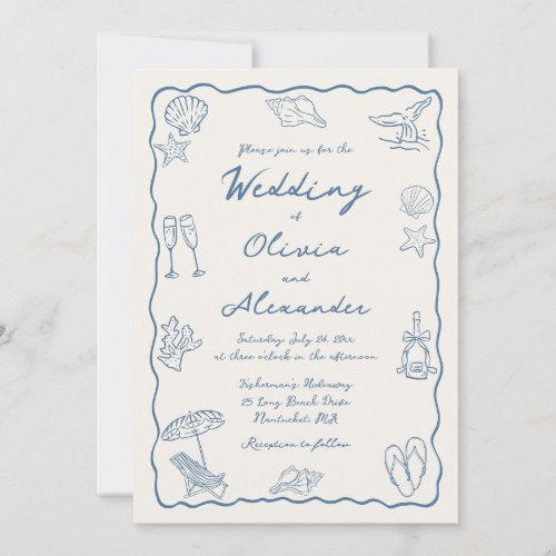 Whimsical Doodle Hand Drawn Coastal Beach Wedding