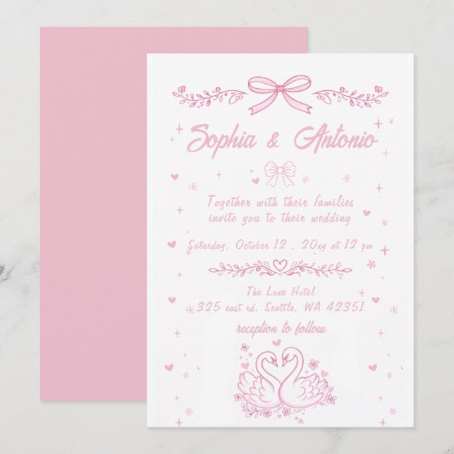 Whimsical Doodle Hand Drawn Pink Swans Wedding Invitation (Front/Back)