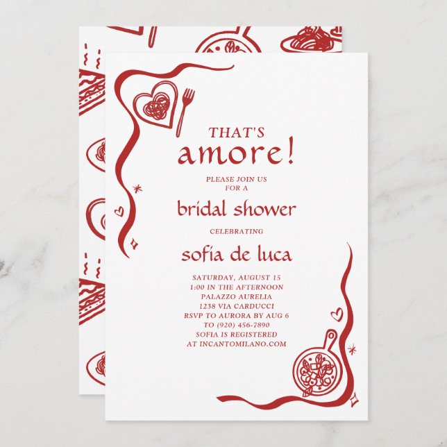 Whimsical Doodle Italian Pasta Bridal Shower Invitation (Front/Back)