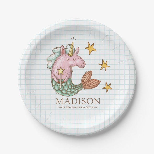 Whimsical Doodle Mermaid Unicorn Birthday Paper Plates (Front)