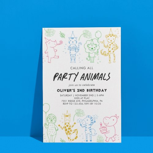 Whimsical Doodle Party Animals Any Year Birthday Invitation