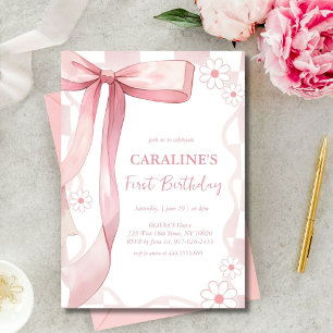 Whimsical Doodle Pink Bow First Birthday Invitation