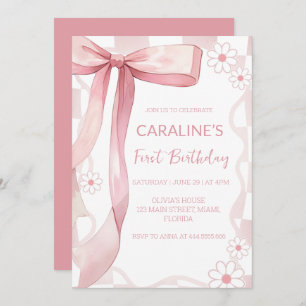 Whimsical Doodle Pink Bow First Birthday Invitation