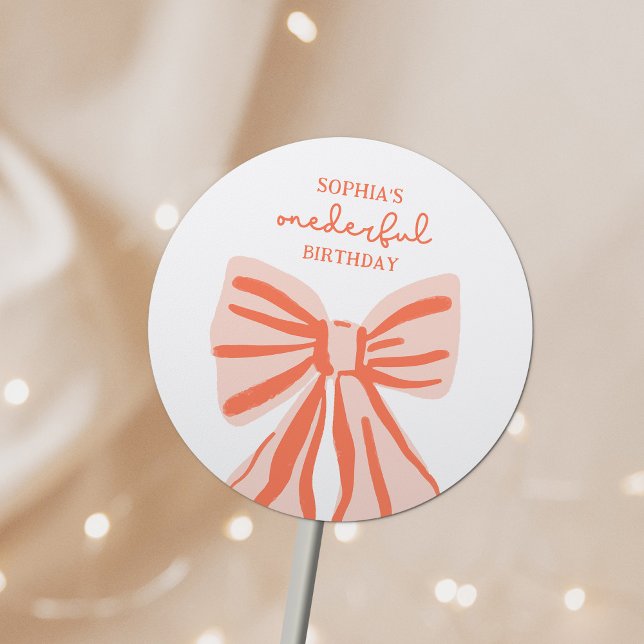 Whimsical Doodle Pink Bow Girl 1st Birthday Classic Round Sticker (Creator Uploaded)