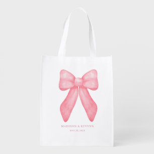 Whimsical Doodle Pink Bow Wedding Grocery Bag