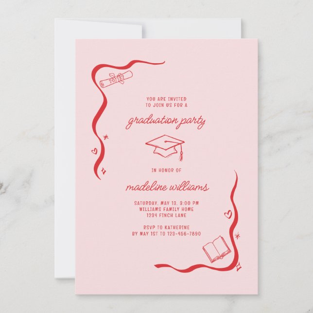 Whimsical Doodle Pink Red Graduation Party  Invitation (Front)