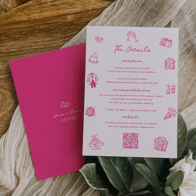 Whimsical Doodle Pink Wedding Details Card (Creator Uploaded)
