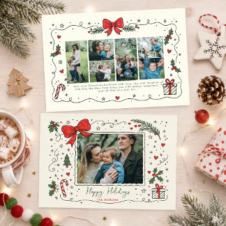 Whimsical Doodle Red Bow Christmas 7 Photos   Holiday Card