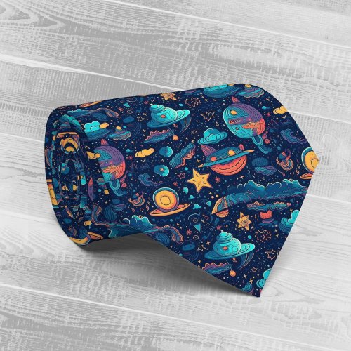 Whimsical Doodle Space Adventure Neck Tie