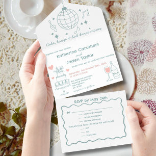 Whimsical doodle styled blue wedding all in one invitation