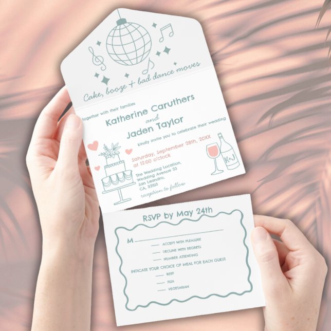 Whimsical doodle styled blue wedding all in one invitation  (Whimsical doodle wedding invitation)