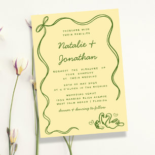 Whimsical Doodle Swans Bow Butter Yellow Wedding Invitation