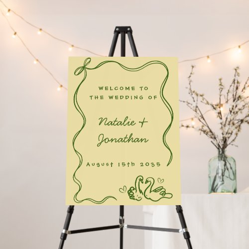 Whimsical Doodle Swans Bow Yellow Wedding Welcome Foam Board
