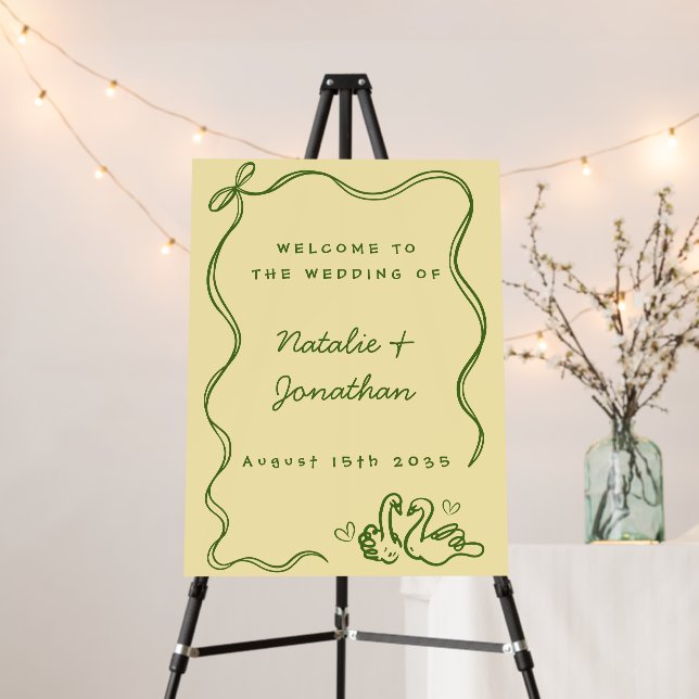 Whimsical Doodle Swans Bow Yellow Wedding Welcome Foam Board (In Situ (Stand))