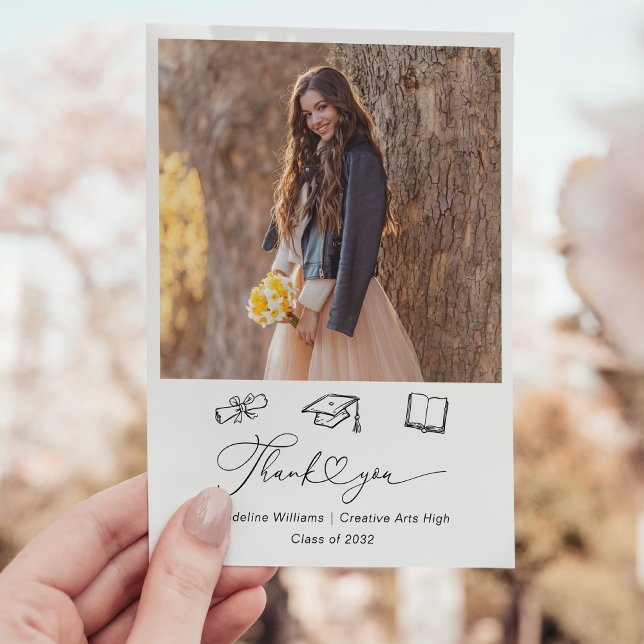 Whimsical Doodle Two Photo Graduation Thank You Card (Creator Uploaded)