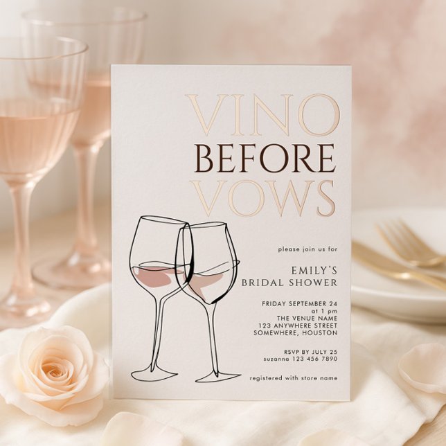 Whimsical Doodle Vino Before Vows Bridal Shower Foil Invitation (The words Vino and Vows are in luxury REAL foil)