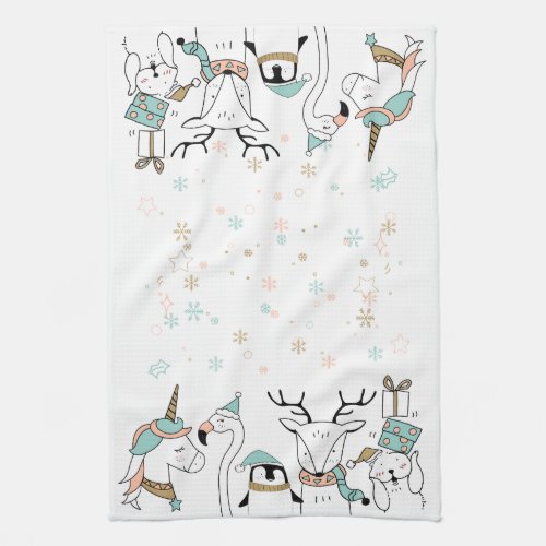 Whimsical Doodle Winter Animals Kitchen Towel