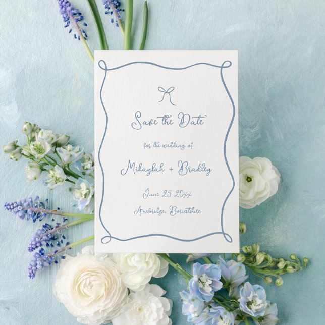 Whimsical Doodlen Bow Dusty Blue Wedding Save The Date (Creator Uploaded)