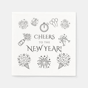 Whimsical Doodles Black Cheers to New Year Party Napkins