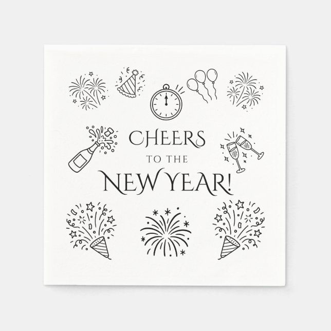 Whimsical Doodles Black Cheers to New Year Party Napkins (Front)