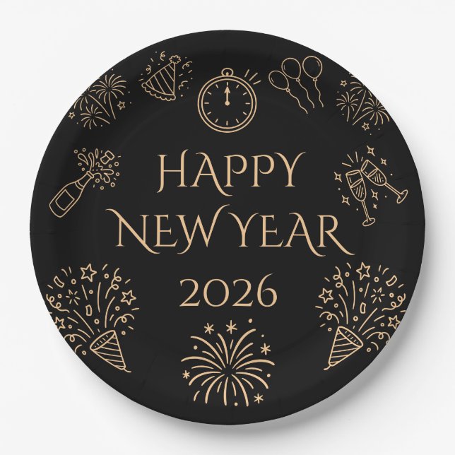 Whimsical Doodles Black Gold Happy New Year 2026 Paper Plates (Front)