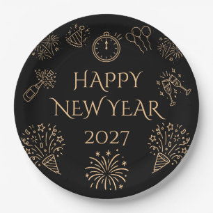 Whimsical Doodles Black Gold Happy New Year 2027 Paper Plates
